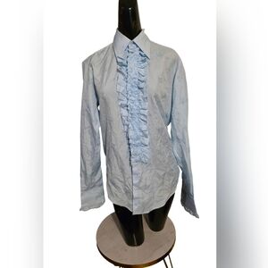 After Six Vintage Blue Ruffle Tuxedo Blouse | Disco Secretary Chic | Size 15/35